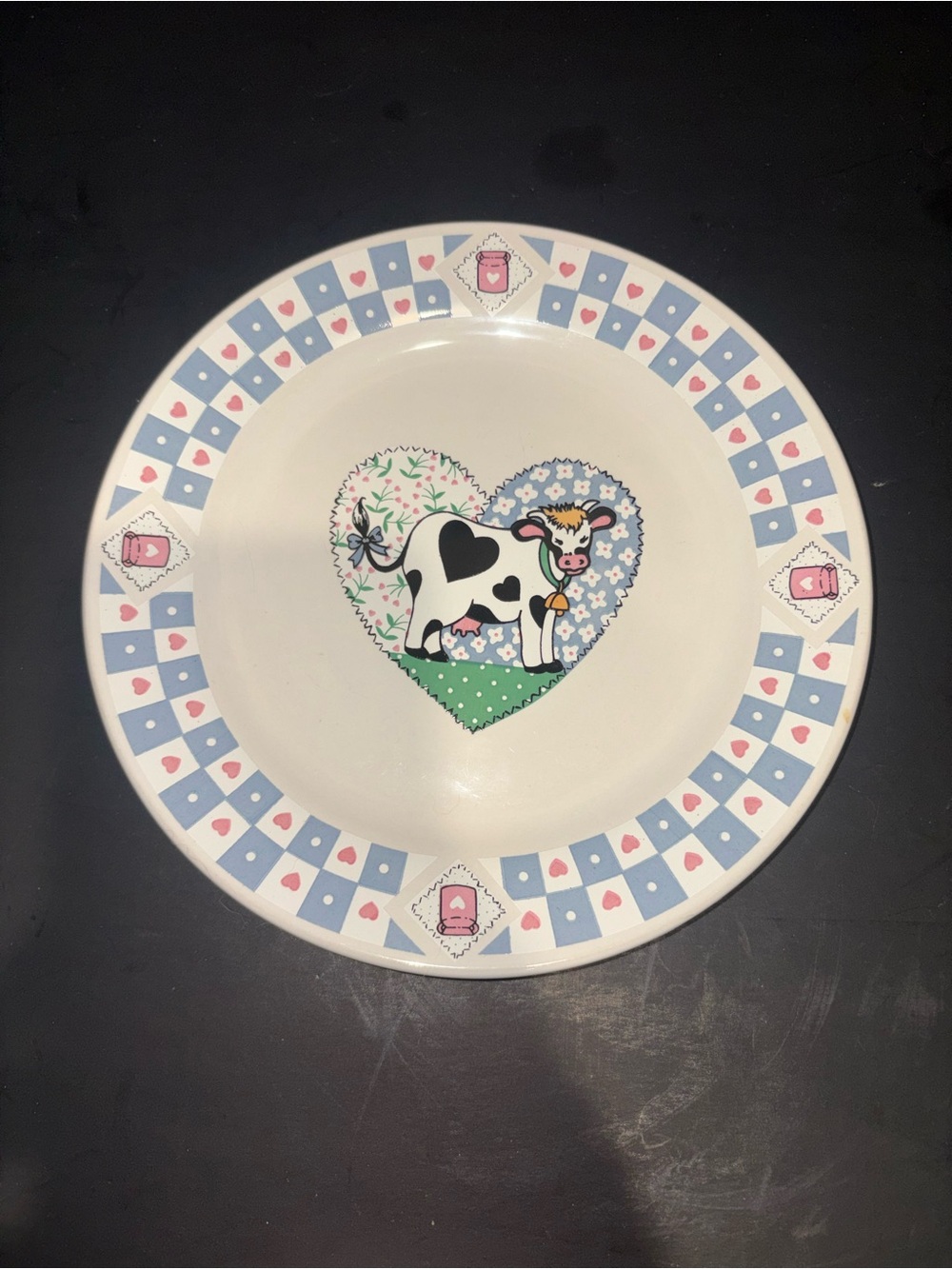 (4) Cow Heart Pattern Ceramic Dessert Plates - White, Blue, Pink